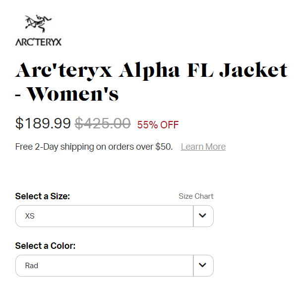 限XS码，Arc'teryx 始祖鸟 Alpha FL 女士轻量GTX防水连帽冲锋衣 4.5折 9.99到手1420元