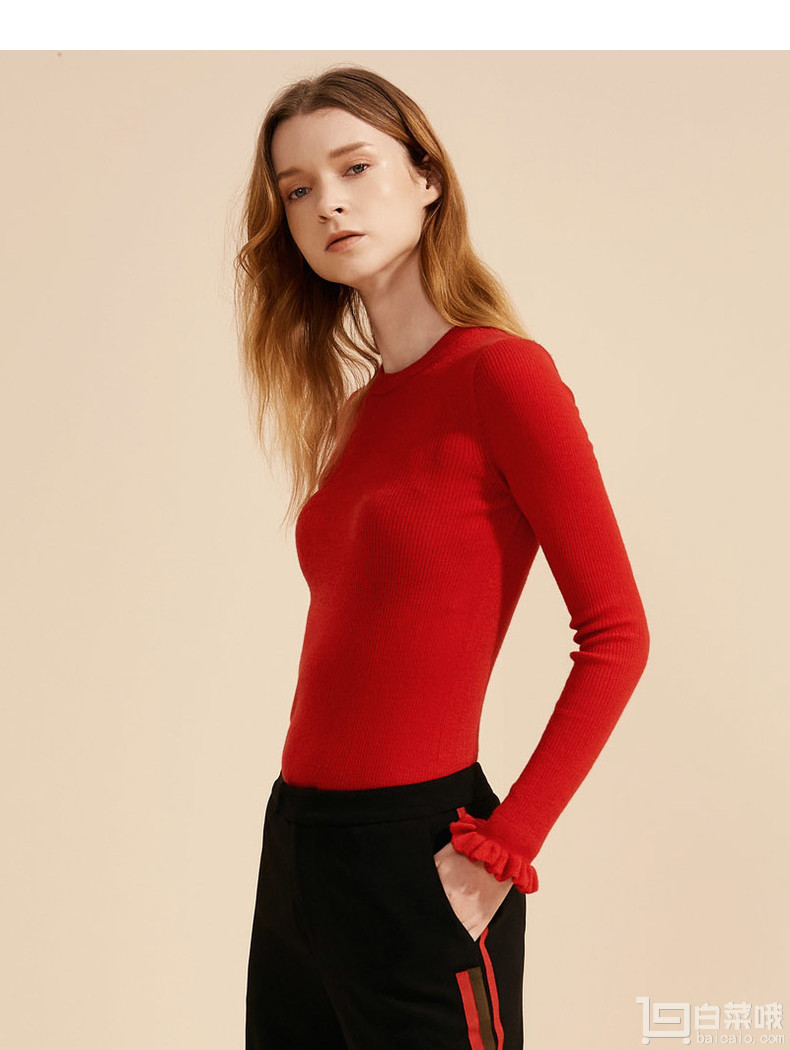 双十一预售,红袖 2017新款修身显瘦荷叶边100%羊毛衫 多色$169包邮