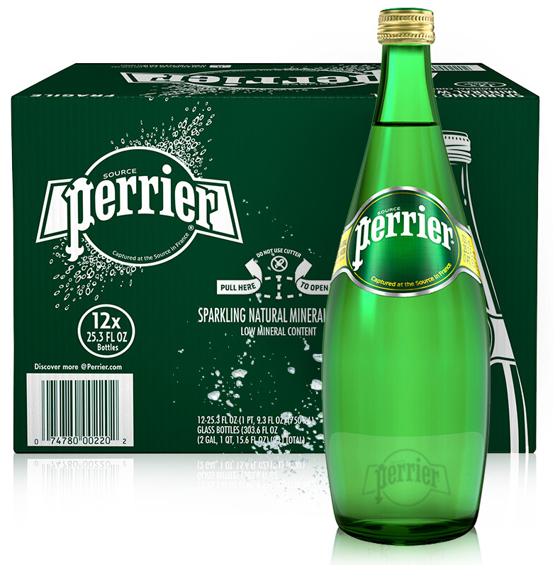 Perrier 巴黎水 法国进口 原味玻璃瓶 750ml*12瓶89元包邮（需10元定金，7.4元/瓶）