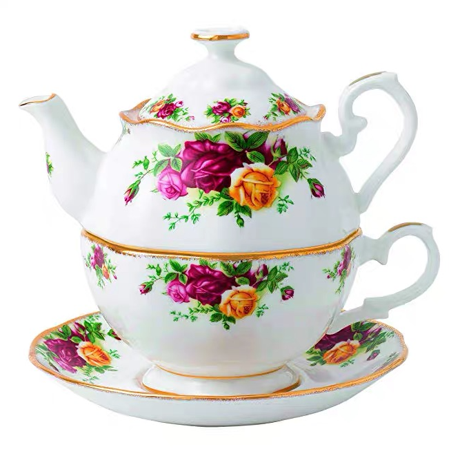 戴安娜王妃最爱系列，Royal Albert 皇家阿尔伯特 老镇玫瑰系列 骨瓷 复古镶金茶壶套装新低422.33元