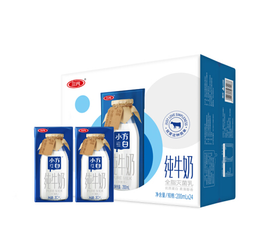 三元 小方白全脂纯牛奶 200ml*24盒*2件69.85元（1.45元/盒）
