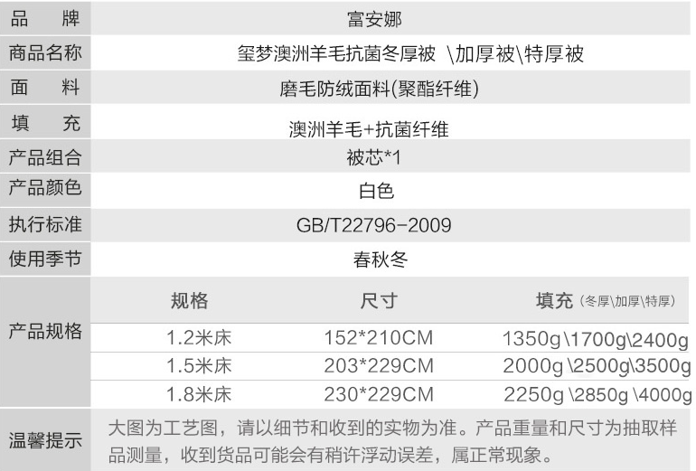 富安娜 玺梦 澳洲羊毛抗菌冬被  1.35m-2m床新低148.05元起包邮（返60元猫超卡后）