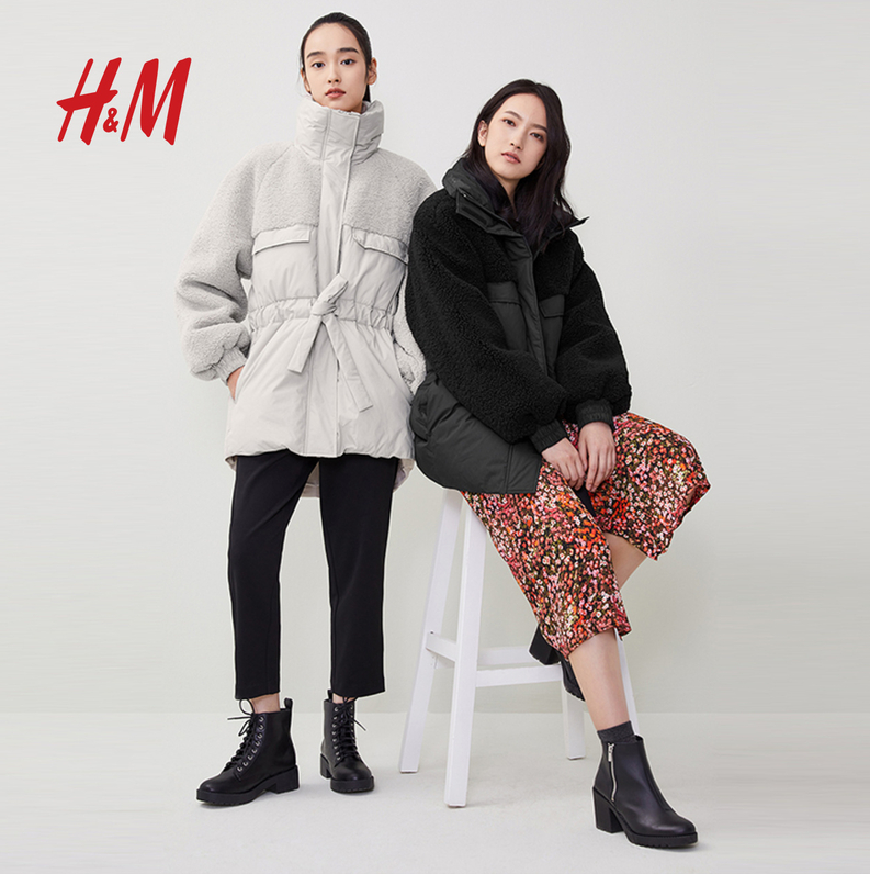 H&M 女士中长款毛绒拼夹棉外套 0913233 4色新低190元包邮（需领券）