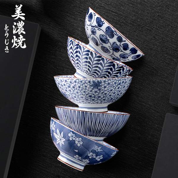 <span>白菜！</span>日本進口 ，Mino Yaki 美濃燒 日式藍繪釉下彩4.5英寸飯碗 禮盒裝 5只裝新低48.16元包郵