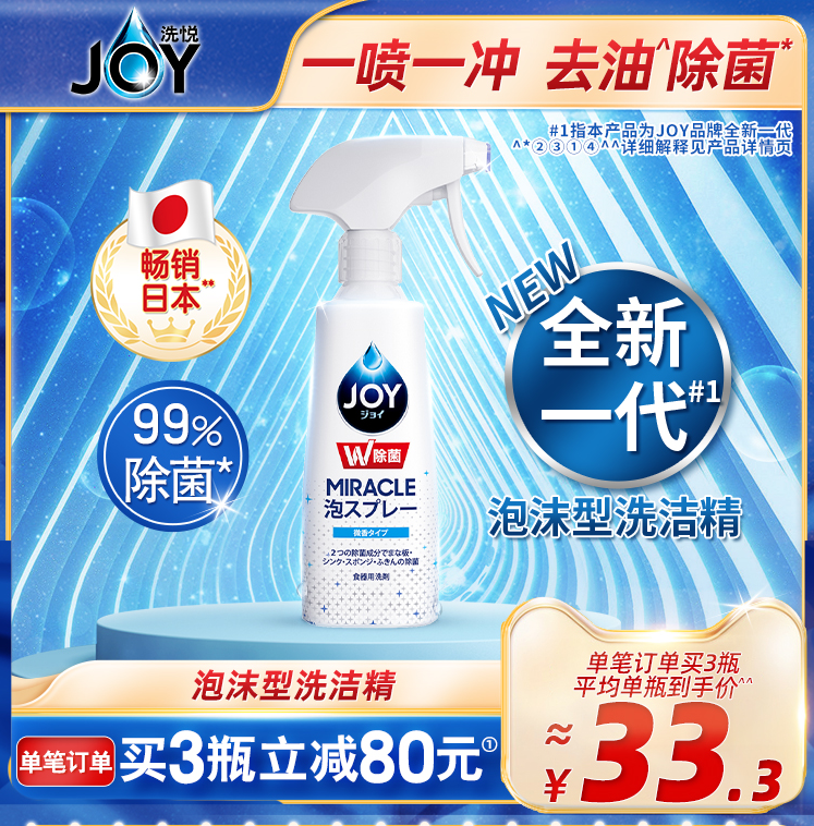 宝洁 Joy 超浓缩除菌去污洗洁精喷雾 275ml29.9元包邮（双重优惠）