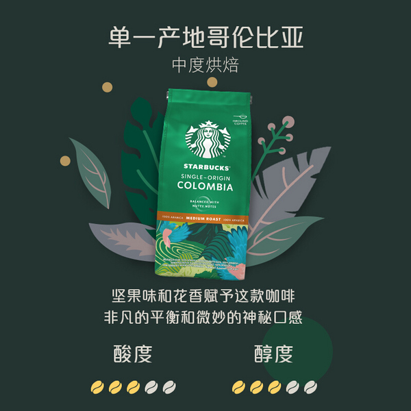 Starbucks 星巴克 单一产地哥伦比亚中度烘焙研磨咖啡粉200g*6袋184.52元（天猫旗舰店94元/袋）