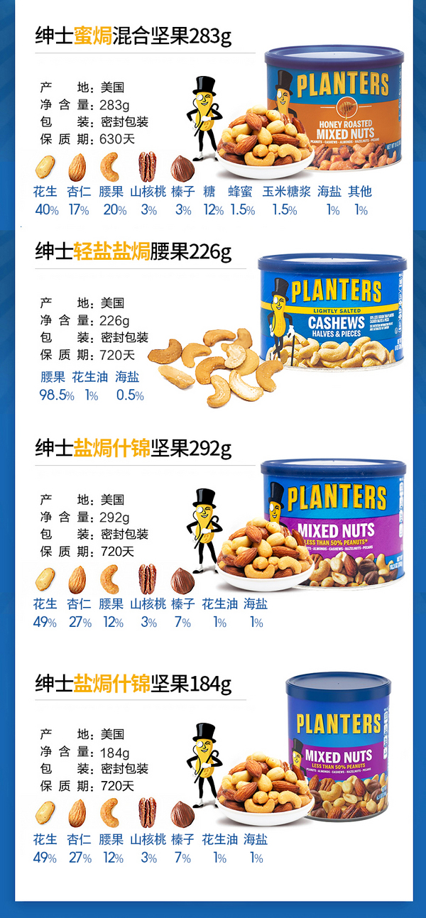 planters 绅士 美国进口 混合坚果 292g*4件+凑单品68.38元包邮包税（17.09元/件）