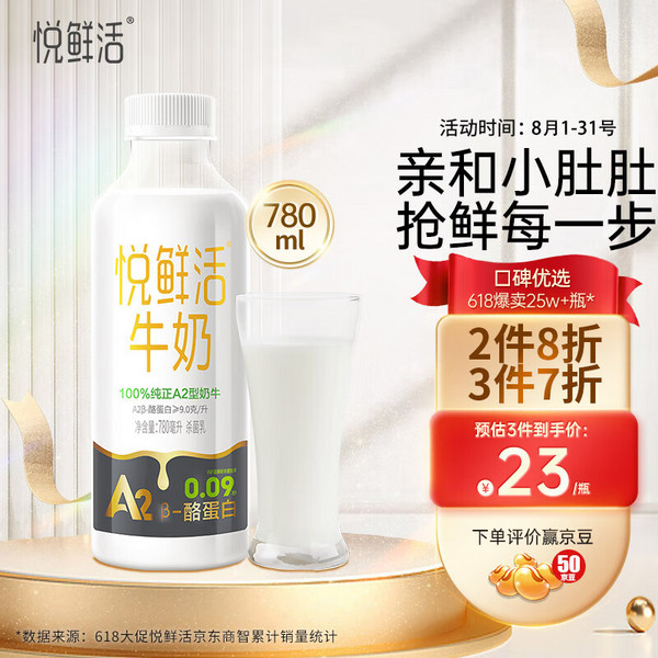 限地区，悦鲜活 A2β-酪蛋白牛奶 780mL*6件63.09元（10.5元/瓶）