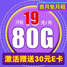   		中国电信 吉星卡-19月租（80G不限速+首月免租+官方5G）激活送30元红包 0.01元 		