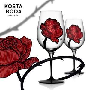 低于黑五！瑞典皇室御用品牌，Orrefors Kosta Boda Tatto烙印系列 彩绘玫瑰花水晶玻璃红酒杯*2个 Prime会员免费直邮含税