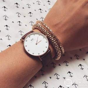 Prime會員專享鎮(zhèn)店之寶，Daniel Wellington 丹尼爾·惠靈頓 0950DW 金色邊鑲鉆皮帶女士手表