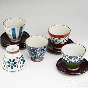 已过期，西海陶器 日本产 染锦配色 仙茶茶杯套装 附茶托