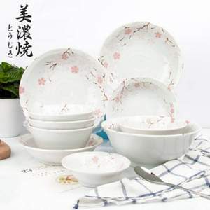 日本进口，美浓烧 神功樱花系列 陶瓷碗碟套装 10头