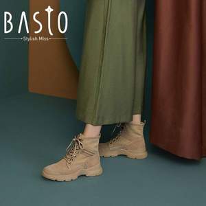 双11预售，BASTO 百思图 2019新款女士复古工装英伦风马丁靴 2色