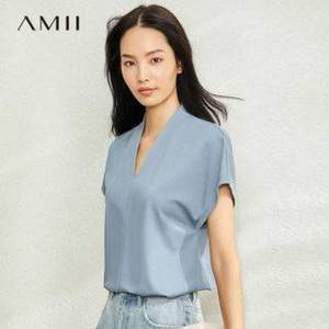 Amii 2020夏季新款 女设计感拼接v领短袖T恤