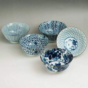 日本产，Saikaitoki 西海陶器 波佐见烧 靛蓝饭碗625ml*5个
