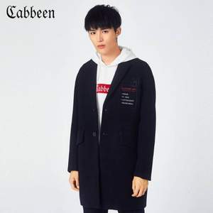Cabbeen 卡宾 男士59.9%羊毛中长款黑色羊毛呢大衣