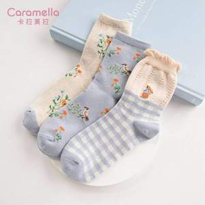 caramella 女式秋冬中長筒韓版可愛日系提花棉襪6雙