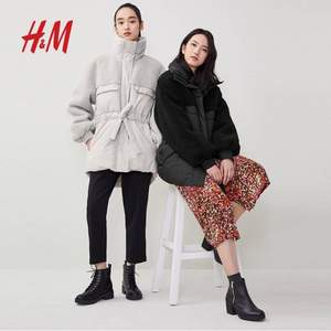 H&M 女士中长款毛绒拼夹棉外套 0913233 4色