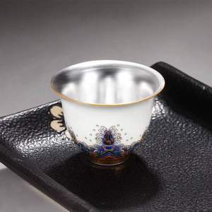 中国白银 足银999瑬银珐琅彩瓷品茗茶杯 