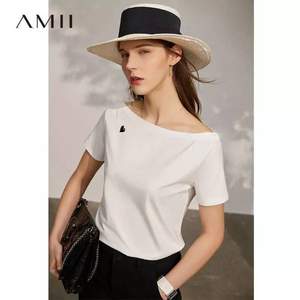 Amii 2021夏季新款锁骨一字领绣花修身短袖上衣 3色