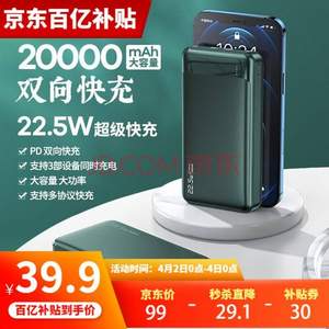 0点开始，REMAX 睿量 RPP-129 双向快充移动电源 22.5W 20000mAh