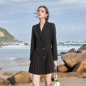 3 Colors 三彩 2021秋季新款 女士西裝領(lǐng)雙排扣連衣裙