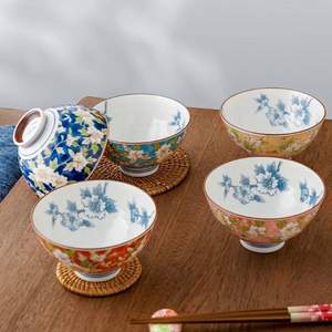 日本进口，美浓烧 釉下彩 山茶花/蓝樱兔套碗5个装