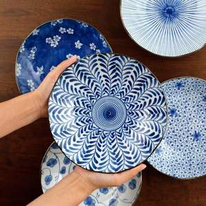日本进口 美浓烧 和风古染蓝绘系列 8英寸日式陶瓷菜盘5件套