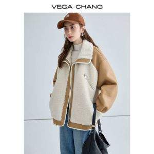 VEGA CHANG 22冬装新款女士机车风仿皮毛一体外套