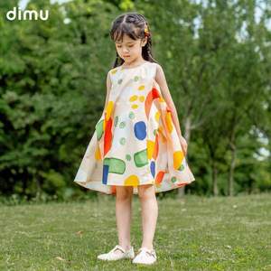 dimu 笛牧 2023年夏新款儿童女童涂鸦印花纯棉连衣裙