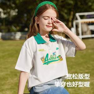 韩国ASK Junior 2024夏新款女童卡通印花Polo领短袖T恤