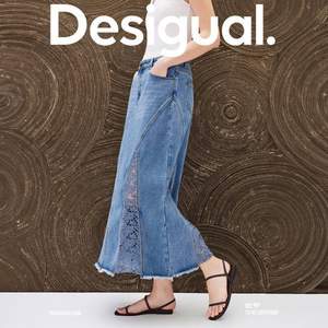 Desigual 24春夏新款 女士牛仔A型蕾丝镂空拼接长款半截裙24XWFD065000