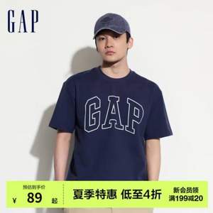 Gap 盖璞 2024新款 男女同款 撞色LOGO圆领纯棉T恤